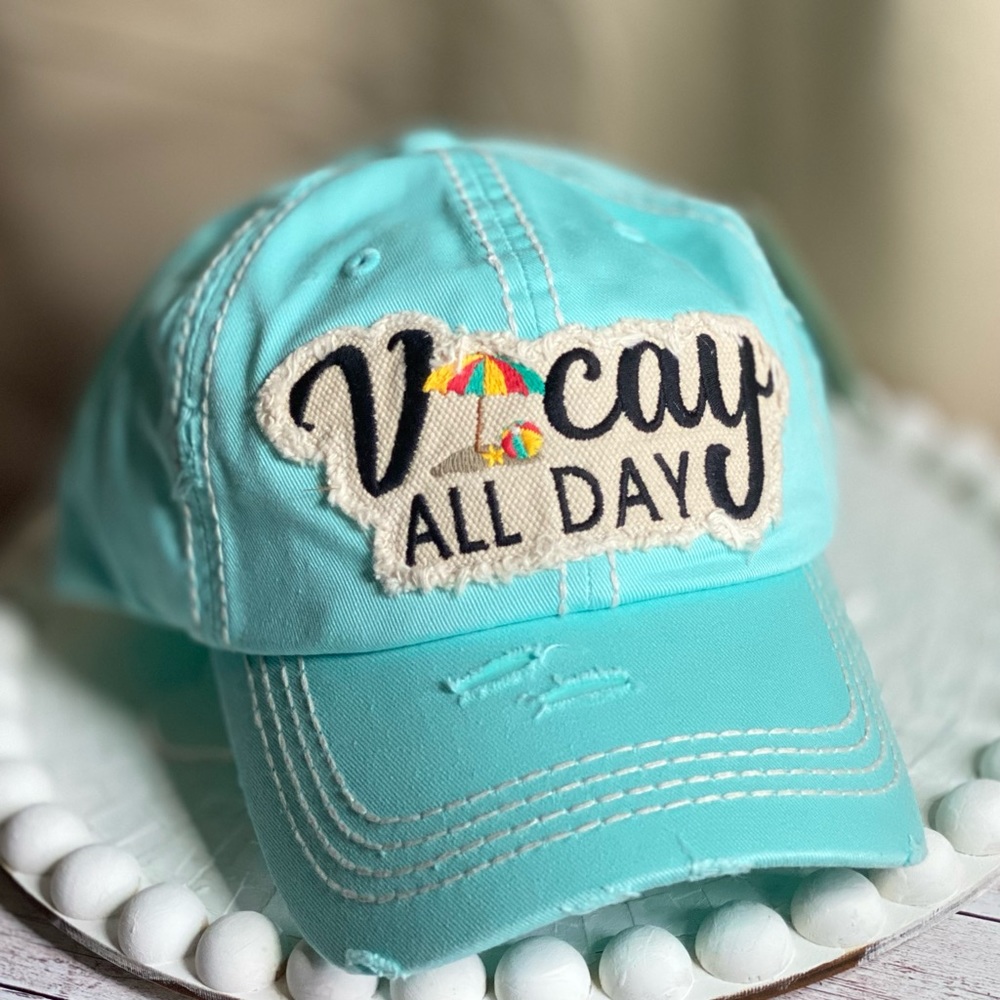 NWT Kbethos Vacay All Day Hat Embroidered Distressed Ball Cap Aqua  vacation